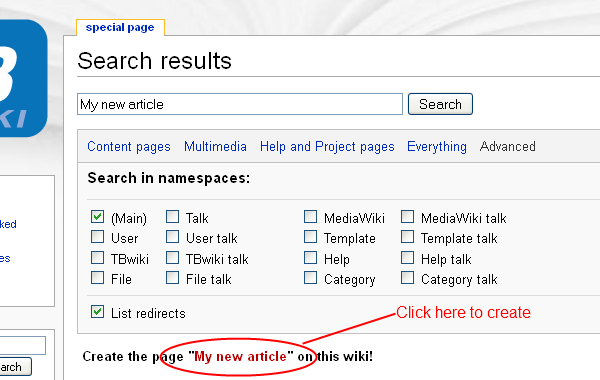 Example: Create a "My new article" page using the search box
